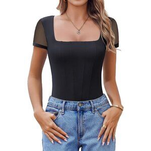 Women's Short Sleeve Sexy Neck Double Lined T Shirt Black Bodysuits Tops